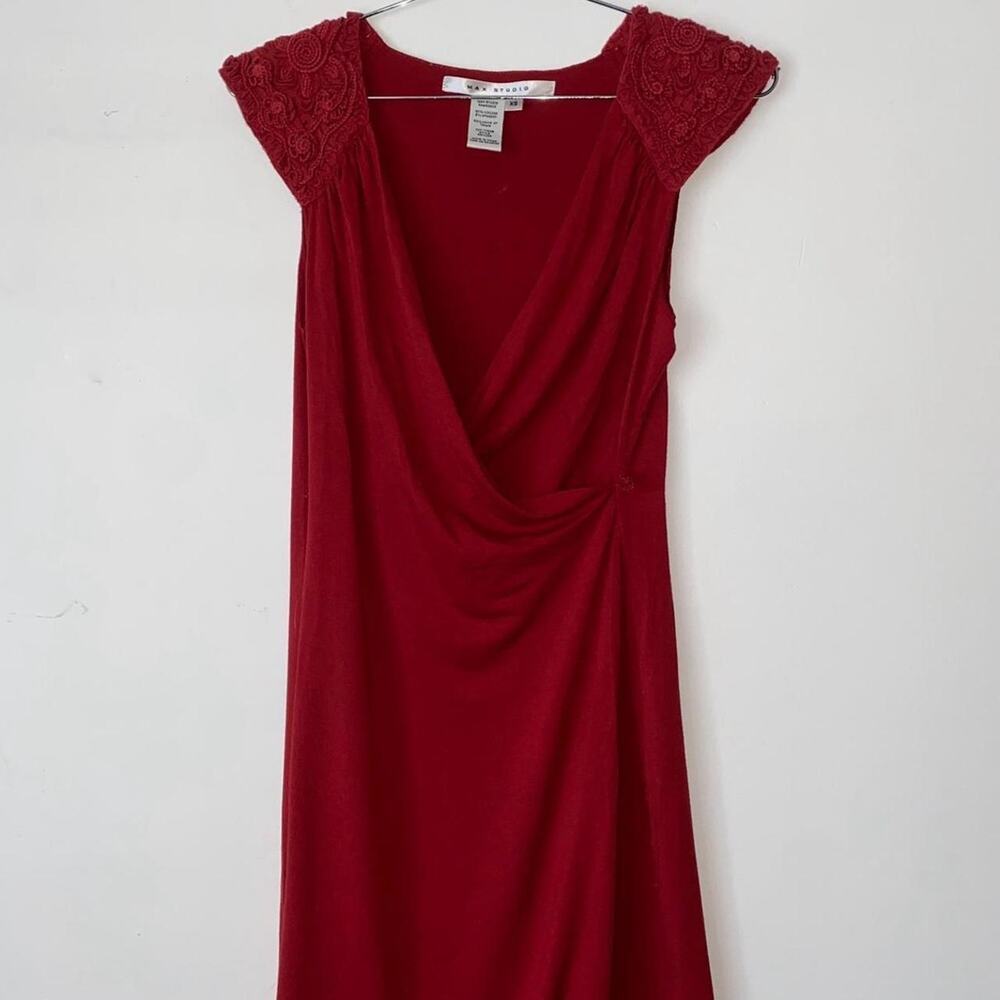 Vintage Max Studio Red Midi V-Neck Dress Crochet Women's XS Y2K